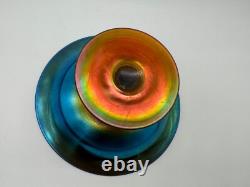 Vintage Antique Quezal Signed Blue Aurene Art Glass Small Compote