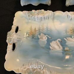 Vintage Antique RS Prussia Icicle Swans Lake- Dresser Set Tray Powder Box Hair