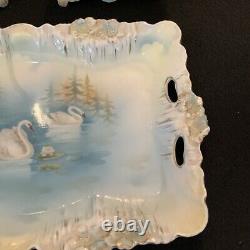 Vintage Antique RS Prussia Icicle Swans Lake- Dresser Set Tray Powder Box Hair