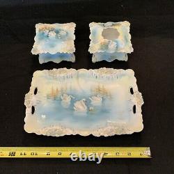 Vintage Antique RS Prussia Icicle Swans Lake- Dresser Set Tray Powder Box Hair