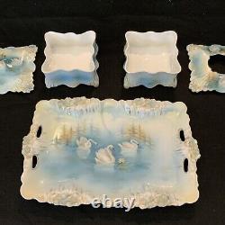 Vintage Antique RS Prussia Icicle Swans Lake- Dresser Set Tray Powder Box Hair