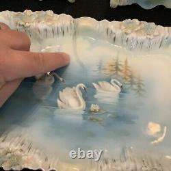 Vintage Antique RS Prussia Icicle Swans Lake- Dresser Set Tray Powder Box Hair