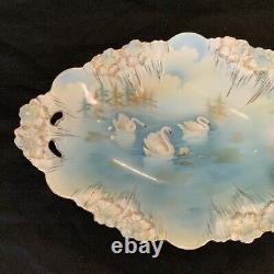 Vintage Antique RS Prussia Icicle Swans Lake- Large 13 Oval Serving Bowl