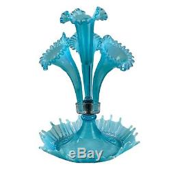 Vintage Antique Victorian Fenton Blue Opalescent 4 Horn Flower Epergne Art Glass