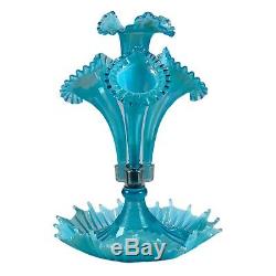 Vintage Antique Victorian Fenton Blue Opalescent 4 Horn Flower Epergne Art Glass
