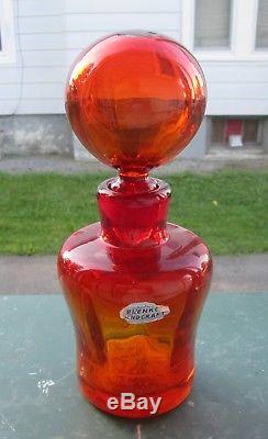 Vintage Blenko Art Glass Decanter, Bottle-Tangerine, Amberina-Ball Stopper withLabel