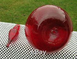 Vintage Blenko Art Glass Ruby Red Crackle Glass Decanter withFlame Stopper 13 T