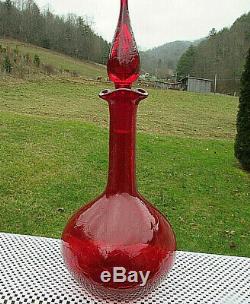 Vintage Blenko Art Glass Ruby Red Crackle Glass Decanter withFlame Stopper 13 T