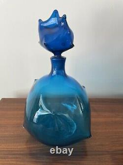 Vintage Blenko Blue Hand Blown Glass Decanter by Wayne Husted #5912
