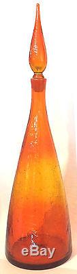 Vintage Blenko Decanter Large Tangerine Crackle Glass With Stopper