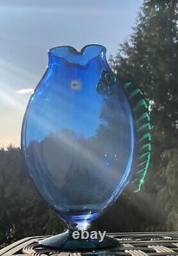 Vintage Blenko Glass Figural Fish Vase Handmade Blue Green Art Blown Pedestal