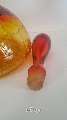 Vintage Blenko Hand Blown Art Glass Decanter in Tangerine Crackle 1966 1960s