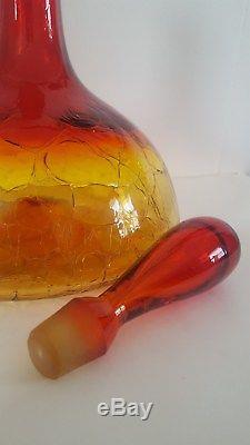 Vintage Blenko Hand Blown Art Glass Decanter in Tangerine Crackle 1966 1960s