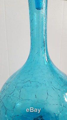 Vintage Blenko Hand Blown Crackle Glass Decanter in Turquoise Blue 1962 1960s