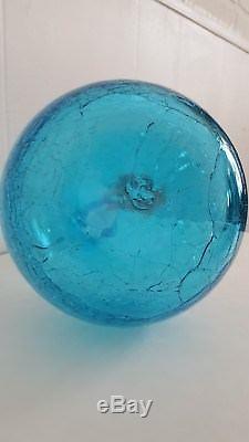 Vintage Blenko Hand Blown Crackle Glass Decanter in Turquoise Blue 1962 1960s