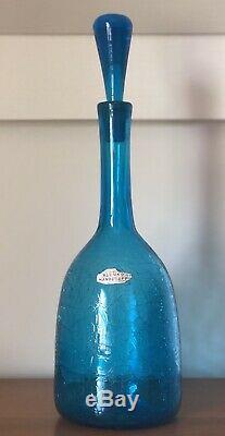 Vintage Blenko Peacock Turquoise Blue Crackle Glass Wine Liquor Decanter #6626