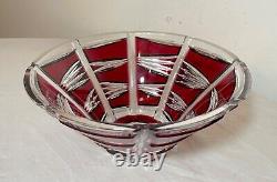 Vintage Bohemian Czech centerpiece cranberry red cut to clear glass crystal bowl