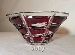 Vintage Bohemian Czech centerpiece cranberry red cut to clear glass crystal bowl