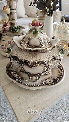 Vintage Capodimonte Porcelain Footed Flower Compote Bowl With Lid & Underplate