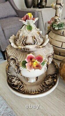 Vintage Capodimonte Porcelain Footed Flower Compote Bowl With Lid & Underplate