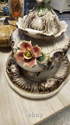 Vintage Capodimonte Porcelain Footed Flower Compote Bowl With Lid & Underplate