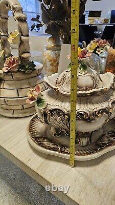 Vintage Capodimonte Porcelain Footed Flower Compote Bowl With Lid & Underplate