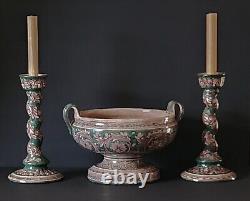 Vintage Ceramiche Biagioli Gubbio Italy, Hand Painted Footed Bowl & Candleholder