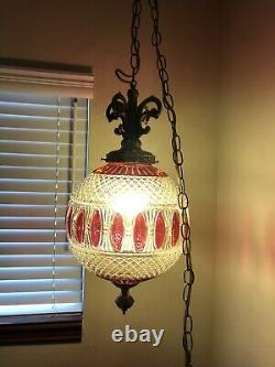 Vintage Cranberry And Crystal Glass Pendant Swag Hanging Lamp