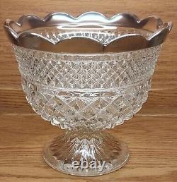 Vintage Crystal Diamond Cut Compote Glass Serving Bowl Silverplate Edge 7x7.5