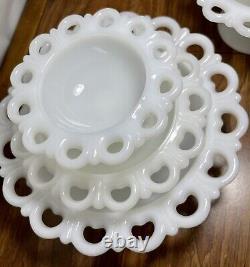 Vintage Dish Bowls 6 White Milk Glass Anchor Hocking Lace Edge Footed Pedestal