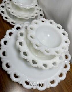 Vintage Dish Bowls 6 White Milk Glass Anchor Hocking Lace Edge Footed Pedestal