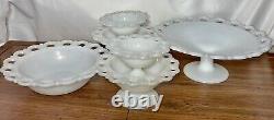 Vintage Dish Bowls 6 White Milk Glass Anchor Hocking Lace Edge Footed Pedestal