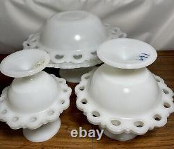 Vintage Dish Bowls 6 White Milk Glass Anchor Hocking Lace Edge Footed Pedestal