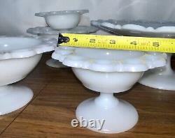 Vintage Dish Bowls 6 White Milk Glass Anchor Hocking Lace Edge Footed Pedestal