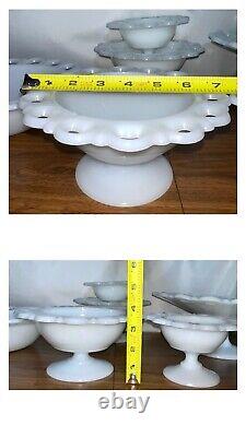 Vintage Dish Bowls 6 White Milk Glass Anchor Hocking Lace Edge Footed Pedestal
