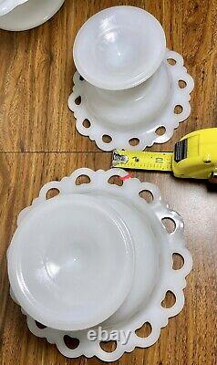 Vintage Dish Bowls 6 White Milk Glass Anchor Hocking Lace Edge Footed Pedestal