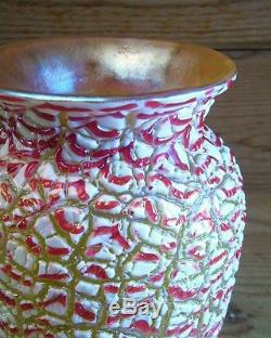 Vintage Durand Art Glass VASE Egyptian Crackle Moorish Peppermint withGold Lustre