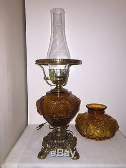 Vintage FENTON Amber Glass Cherub Angel Face Parlor Table Hurricane Lamp Rare