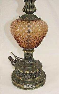 Vintage FENTON Amber Orange Hobnail Ruffle Edge Glass Brass GWTW Table Lamp 24