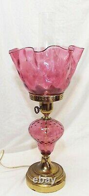 Vintage FENTON Cranberry Glass & Brass Art Glass Electric LAMP Complete -WORKS