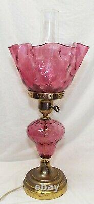 Vintage FENTON Cranberry Glass & Brass Art Glass Electric LAMP Complete -WORKS