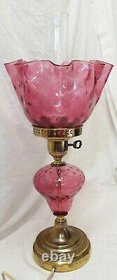 Vintage FENTON Cranberry Glass & Brass Art Glass Electric LAMP Complete -WORKS