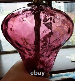 Vintage FENTON Cranberry Glass & Brass Art Glass Electric LAMP Complete -WORKS