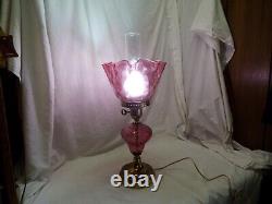 Vintage FENTON Cranberry Glass & Brass Art Glass Electric LAMP Complete -WORKS