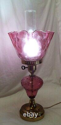 Vintage FENTON Cranberry Glass & Brass Art Glass Electric LAMP Complete -WORKS