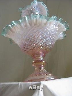 Vintage FENTON Opalescent Hobnail Epergne Flower Vase Ruffled SIGNED BILL FENTON