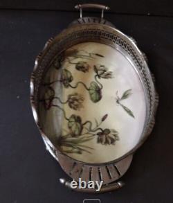 Vintage Faience Fruit Bowl Painting Metalwork Decor Dish Handle Rare Old 20th
