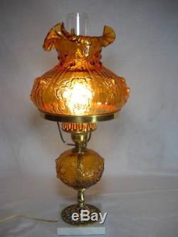 Vintage Fenton Amber Embossed Rose 20 Table Lamp with Marble Base