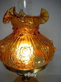 Vintage Fenton Amber Embossed Rose 20 Table Lamp with Marble Base