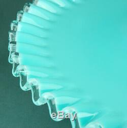 Vintage Fenton Aqua Turquoise Blue Silver Crest Pedestal Glass Cake Plate 13.5